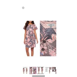 Robbie Bee Size L Large Floral Faux Wrap Sheath Dress Puff Print Grey Pink Short
